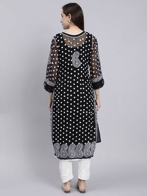 hand embroidered black georgette lucknowi chikan kurta with slip 4