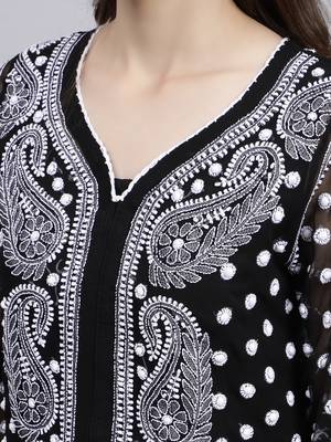 hand embroidered black georgette lucknowi chikan kurta with slip 5