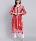 hand embroidered red georgette lucknowi chikan kurta with slip
