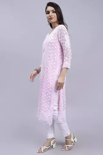 hand embroidered pink georgette lucknowi chikan kurta with slip
