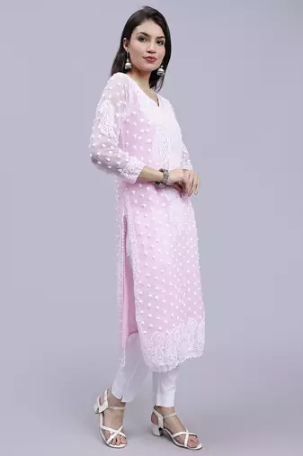hand embroidered pink georgette lucknowi chikan kurta with slip