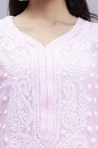 hand embroidered pink georgette lucknowi chikan kurta with slip