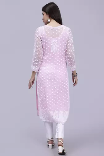 hand embroidered pink georgette lucknowi chikan kurta with slip