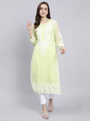 Seva chikan hand embroidered green georgette lucknowi chikan kurta with slip 1