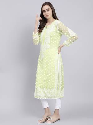 Seva chikan hand embroidered green georgette lucknowi chikan kurta with slip 2