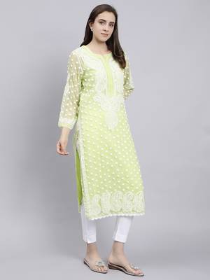 Seva chikan hand embroidered green georgette lucknowi chikan kurta with slip 3