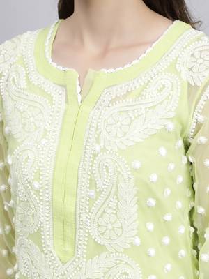 Seva chikan hand embroidered green georgette lucknowi chikan kurta with slip 4