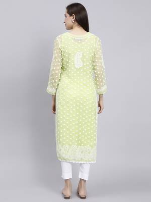 Seva chikan hand embroidered green georgette lucknowi chikan kurta with slip 5