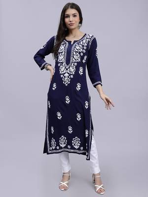 Seva chikan hand embroidered navy blue rayon lucknowi chikan kurta 1