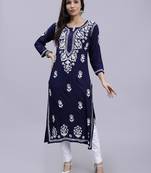 Seva chikan hand embroidered navy blue rayon lucknowi chikan kurta