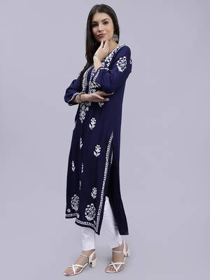 Seva chikan hand embroidered navy blue rayon lucknowi chikan kurta 2