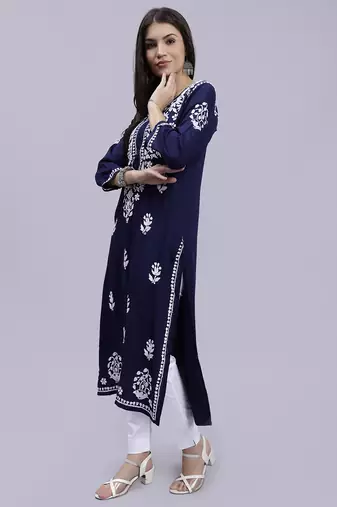 Seva chikan hand embroidered navy blue rayon lucknowi chikan kurta