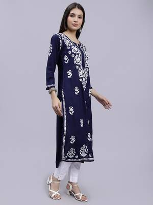 Seva chikan hand embroidered navy blue rayon lucknowi chikan kurta 3
