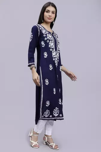 Seva chikan hand embroidered navy blue rayon lucknowi chikan kurta