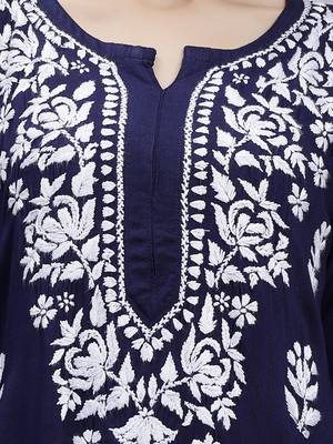 Seva chikan hand embroidered navy blue rayon lucknowi chikan kurta 4