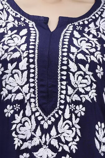 Seva chikan hand embroidered navy blue rayon lucknowi chikan kurta