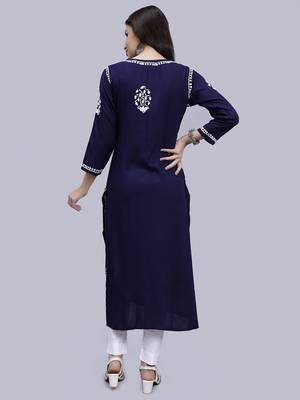 Seva chikan hand embroidered navy blue rayon lucknowi chikan kurta 5