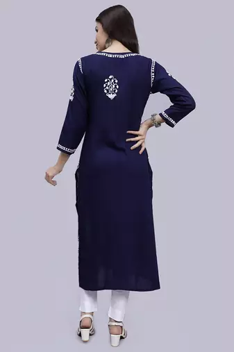 Seva chikan hand embroidered navy blue rayon lucknowi chikan kurta