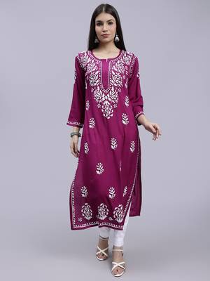 hand embroidered purple rayon lucknowi chikan kurta 1