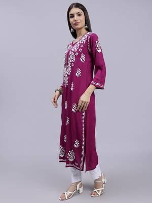hand embroidered purple rayon lucknowi chikan kurta 2