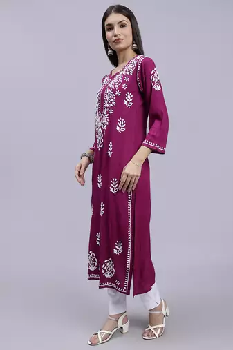 hand embroidered purple rayon lucknowi chikan kurta