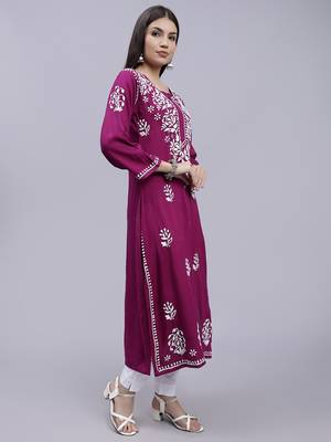 hand embroidered purple rayon lucknowi chikan kurta 3