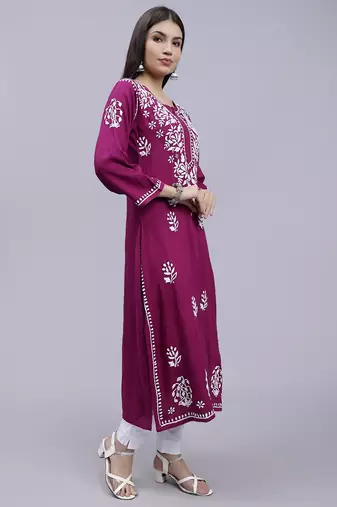 hand embroidered purple rayon lucknowi chikan kurta