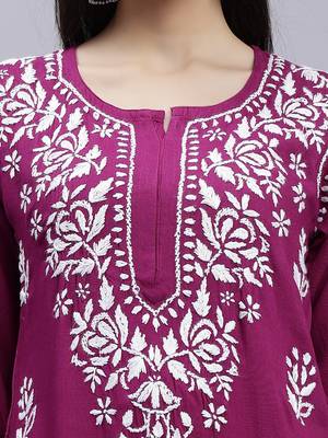 hand embroidered purple rayon lucknowi chikan kurta 4