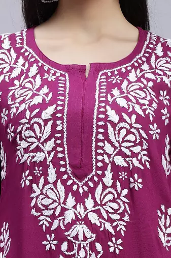 hand embroidered purple rayon lucknowi chikan kurta