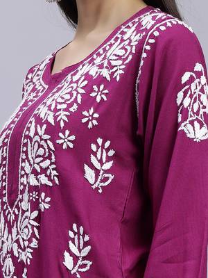 hand embroidered purple rayon lucknowi chikan kurta 5