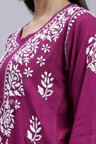hand embroidered purple rayon lucknowi chikan kurta