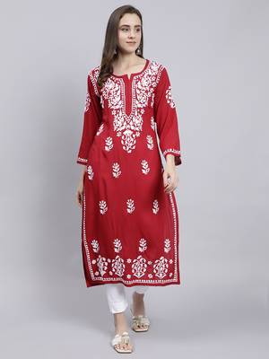 Seva chikan hand embroidered maroon rayon lucknowi chikan kurta 1