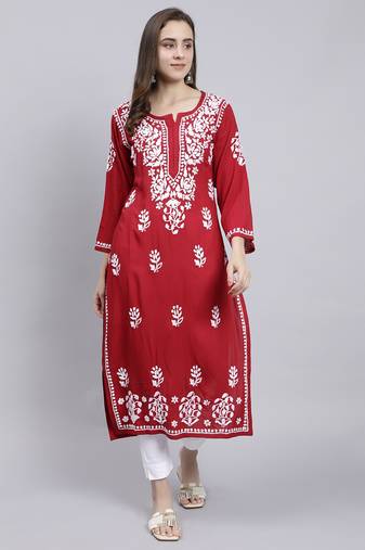 Seva chikan hand embroidered maroon rayon lucknowi chikan kurta