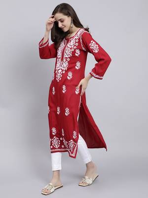 Seva chikan hand embroidered maroon rayon lucknowi chikan kurta 2