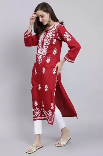 Seva chikan hand embroidered maroon rayon lucknowi chikan kurta