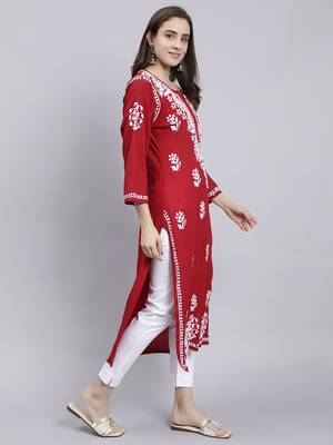 Seva chikan hand embroidered maroon rayon lucknowi chikan kurta 3