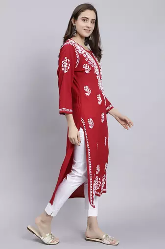 Seva chikan hand embroidered maroon rayon lucknowi chikan kurta