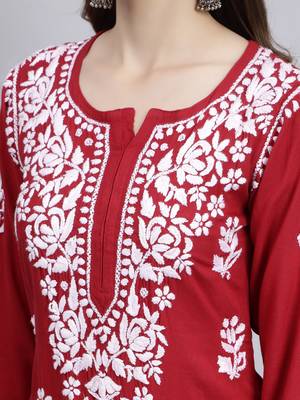 Seva chikan hand embroidered maroon rayon lucknowi chikan kurta 4