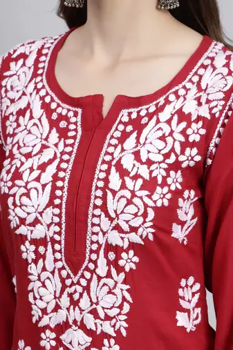 Seva chikan hand embroidered maroon rayon lucknowi chikan kurta