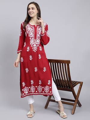 Seva chikan hand embroidered maroon rayon lucknowi chikan kurta 5
