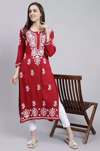 Seva chikan hand embroidered maroon rayon lucknowi chikan kurta