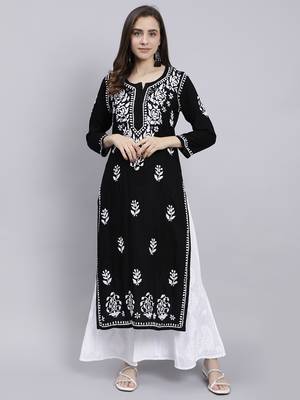 hand embroidered black rayon lucknowi chikan kurta 1