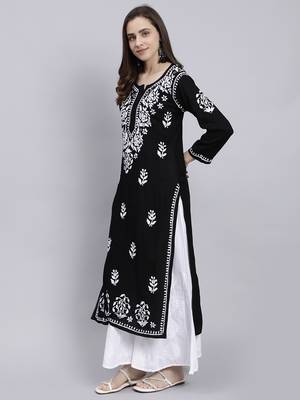 hand embroidered black rayon lucknowi chikan kurta 2