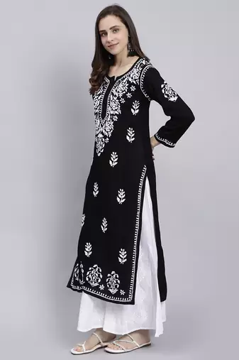 hand embroidered black rayon lucknowi chikan kurta