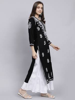 hand embroidered black rayon lucknowi chikan kurta 3