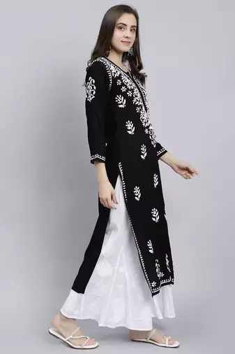 hand embroidered black rayon lucknowi chikan kurta