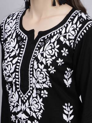 hand embroidered black rayon lucknowi chikan kurta 4