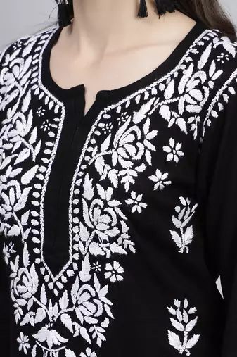 hand embroidered black rayon lucknowi chikan kurta
