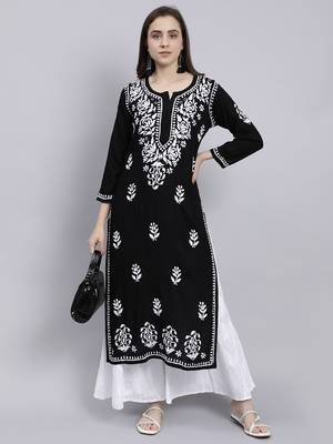 hand embroidered black rayon lucknowi chikan kurta 5