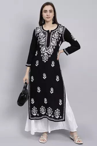 hand embroidered black rayon lucknowi chikan kurta